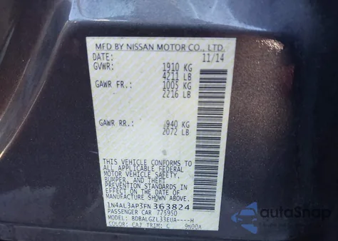 2015 Nissan Altima 2.5 S z USA, uszkodzony, nr VIN 1N4AL3AP3FN363824